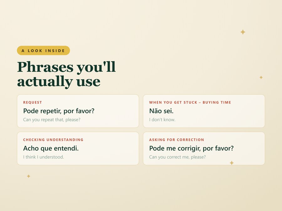 Sample phrase cards, Portuguese with English meaning